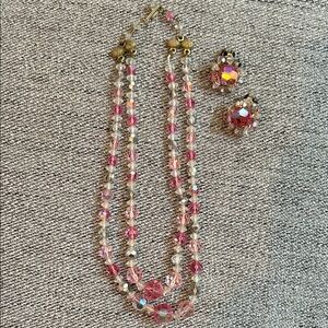 Vintage Pink and Clear Crystal Beaded Choker Necklace and Earring Set